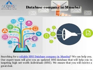 Database company in Mumbai
Searching for a reliable HNI Database company in Mumbai? We can help you.
Our expert team will give you an updated HNI database that will help you in
targeting high net worth individuals (HNI). We ensure that you will receive a
great deal.