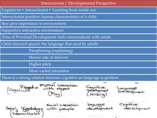 Interactionist / Developmental Perspective
Cognitivist + Interactionist = Learning from inside out
Interactionist position: human characteristics of a child
they give importance to environment
Supportive interactive environment
Zone of Proximal Development: kids conversations with adults
Child-directed speech: the language that used by adults
Paraphasing (explaining)
Slower rate of delivery

Higher pitch
More varied intonation
There is a strong relation between cognitive an language acqusition

 