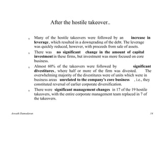 After the hostile takeover..

            s      Many of the hostile takeovers were followed by an           increase in
                   leverage, which resulted in a downgrading of the debt. The leverage
                   was quickly reduced, however, with proceeds from sale of assets.
            s      There was no significant change in the amount of capital
                   investment in these firms, but investment was more focused on core
                   business.
            s      Almost 60% of the takeovers were followed by                 significant
                   divestitures , where half or more of the firm was divested.          The
                   overwhelming majority of the divestitures were of units which were in
                   business areas unrelated to the company's core business , i.e., they
                   constituted reversal of earlier corporate diversification.
            s      There were significant management changes in 17 of the 19 hostile
                   takeovers, with the entire corporate management team replaced in 7 of
                   the takeovers.


Aswath Damodaran                                                                          14
 