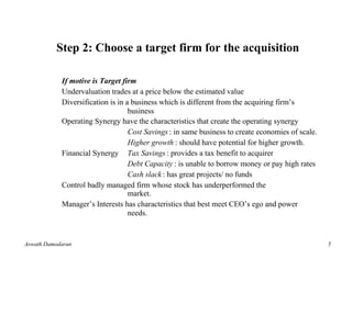 Step 2: Choose a target firm for the acquisition

            If motive is Target firm
            Undervaluation trades at a price below the estimated value
            Diversification is in a business which is different from the acquiring firm’s
                                   business
            Operating Synergy have the characteristics that create the operating synergy
                                   Cost Savings : in same business to create economies of scale.
                                   Higher growth : should have potential for higher growth.
            Financial Synergy Tax Savings : provides a tax benefit to acquirer
                                   Debt Capacity : is unable to borrow money or pay high rates
                                   Cash slack : has great projects/ no funds
            Control badly managed firm whose stock has underperformed the
                                   market.
            Manager’s Interests has characteristics that best meet CEO’s ego and power
                                   needs.


Aswath Damodaran                                                                                   5
 