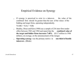Empirical Evidence on Synergy

            s      If synergy is perceived to exist in a takeover,      the value of the
                   combined firm should be greater than the sum of the values of the
                   bidding and target firms, operating independently.
                   V(AB) > V(A) + V(B)
            s      Bradley, Desai and Kim (1988) use a sample of 236 inter-firm tender
                   offers between 1963 and 1984 and report that the combined value of
                   the target and bidder firms increases 7.48% ($117 million in 1984
                   dollars), on average, on the announcement of the merger.
            s      Operating synergy was the primary motive in one-third of hostile
                   takeovers . (Bhide)




Aswath Damodaran                                                                           47
 