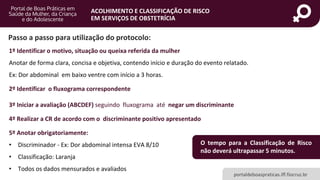 portaldeboaspraticas.iff.fiocruz.br
ACOLHIMENTO E CLASSIFICAÇÃO DE RISCO
EM SERVIÇOS DE OBSTETRÍCIA
Passo a passo para utilização do protocolo:
1º Identificar o motivo, situação ou queixa referida da mulher
Anotar de forma clara, concisa e objetiva, contendo início e duração do evento relatado.
Ex: Dor abdominal em baixo ventre com início a 3 horas.
2º Identificar o fluxograma correspondente
3º Iniciar a avaliação (ABCDEF) seguindo fluxograma até negar um discriminante
4º Realizar a CR de acordo com o discriminante positivo apresentado
5º Anotar obrigatoriamente:
• Discriminador - Ex: Dor abdominal intensa EVA 8/10
• Classificação: Laranja
• Todos os dados mensurados e avaliados
O tempo para a Classificação de Risco
não deverá ultrapassar 5 minutos.
 