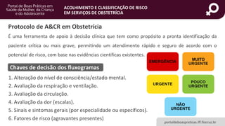 portaldeboaspraticas.iff.fiocruz.br
ACOLHIMENTO E CLASSIFICAÇÃO DE RISCO
EM SERVIÇOS DE OBSTETRÍCIA
Protocolo de A&CR em Obstetrícia
É uma ferramenta de apoio à decisão clínica que tem como propósito a pronta identificação da
paciente crítica ou mais grave, permitindo um atendimento rápido e seguro de acordo com o
potencial de risco, com base nas evidências científicas existentes.
1. Alteração do nível de consciência/estado mental.
2. Avaliação da respiração e ventilação.
3. Avaliação da circulação.
4. Avaliação da dor (escalas).
5. Sinais e sintomas gerais (por especialidade ou específicos).
6. Fatores de risco (agravantes presentes)
Chaves de decisão dos fluxogramas
EMERGÊNCIA
MUITO
URGENTE
URGENTE
POUCO
URGENTE
NÃO
URGENTE
 