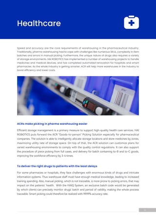 Speed and accuracy are the core requirements of warehousing in the pharmaceutical industry.
Traditionally, pharma warehousing had to cope with challenges like numerous SKUs, complexity in item
batches and errors in manual picking. Furthermore, the unique nature of drugs also requires a variety
of storage environments. HAI ROBOTICS has implemented a number of warehousing projects to handle
medicines and medical devices, and has completed automated renovation for hospitals and smart
pharmacies. As the whole industry is getting smarter, ACR will help more warehouses in the industry to
boost efficiency and lower costs.
Efficient storage management is a primary measure to support high-quality health care services. HAI
ROBOTICS puts forward the ACR "Goods-to-person" Picking Solution especially for pharmaceutical
companies. The solution is able to intelligently allocate storage locations and store medicines by zones,
maximizing utility rate of storage space. On top of that, the ACR solution can customize plans for
varied warehousing environments to comply with the quality control regulations. It can also support
the procedure of piece picking from full cases, and delivery for batch containing to-B and to-C goods,
improving the workforce efficiency by 3-4 times.
ACRs make picking in pharma warehousing easier
For some pharmacies or hospitals, they face challenges with enormous kinds of drugs and intricate
information systems. Thus warehouse staff must have enough medical knowledge, leading to increased
training spending. Also, manual picking, which is not traceable, is more prone to picking errors, that may
impact on the patients’ health. With the HAIQ System, an exclusive batch code would be generated
by which clients can precisely monitor drugs' batch and period of validity, making the whole process
traceable. Smart picking could therefore be realized with 99.99% accuracy rate.
To deliver the right drugs to patients with the least delays
Healthcare
16
 