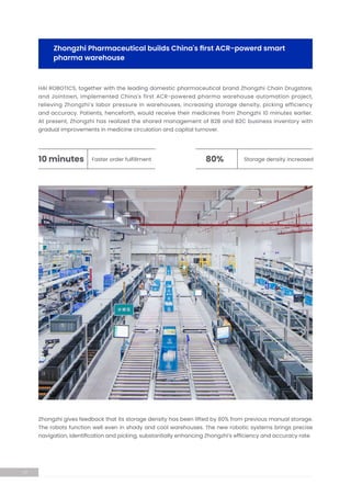 Zhongzhi gives feedback that its storage density has been lifted by 80% from previous manual storage.
The robots function well even in shady and cool warehouses. The new robotic systems brings precise
navigation, identification and picking, substantially enhancing Zhongzhi’s efficiency and accuracy rate.
HAI ROBOTICS, together with the leading domestic pharmaceutical brand Zhongzhi Chain Drugstore,
and Jointown, implemented China's first ACR-powered pharma warehouse automation project,
relieving Zhongzhi’s labor pressure in warehouses, increasing storage density, picking efficiency
and accuracy. Patients, henceforth, would receive their medicines from Zhongzhi 10 minutes earlier.
At present, Zhongzhi has realized the shared management of B2B and B2C business inventory with
gradual improvements in medicine circulation and capital turnover.
Zhongzhi Pharmaceutical builds China's first ACR-powerd smart
pharma warehouse
Faster order fulfillment
10 minutes Storage density increased
80%
17
 