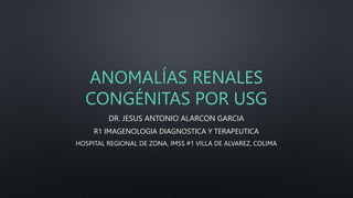 ANOMALÍAS RENALES
CONGÉNITAS POR USG
DR. JESUS ANTONIO ALARCON GARCIA
R1 IMAGENOLOGIA DIAGNOSTICA Y TERAPEUTICA
HOSPITAL REGIONAL DE ZONA, IMSS #1 VILLA DE ALVAREZ, COLIMA
 