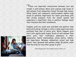 “ T here are important interactions between race and trends in self-esteem. Black girls express high levels of self-esteem from elementary school through high school. While family and community reinforcement sustain high levels of personal importance for black girls,these girls feel strong pressure from the school system and experience a significant drop in positive feelings about their teachers and their schoolwork. Hispanic girls are much less confident and positive than black girls and go through a crisis in some ways even more profound than that of white girls. While Hispanic girls start with significantly higher levels of self-esteem than white girls, their confidence plummets in their appearance, family relationships, school ability, talents, and importance. Between elementary school and high school, their personal self-esteem drops 38 points, more than the drop for any other group of girls.” (Shortchanging Girls, Shortchanging America, 1994, p. 7) 
