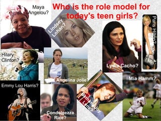 Maya Angelou? Hilary  Clinton? Mia Hamm? Lindsey Lohan? Paris Hilton? Bethany Joy Lenz? Emmy Lou Harris? Who is the role model   for  today's teen girls? Lydia Cacho? Angelina Jolie Condoleezza Rice? Angelina Jolie? 
