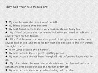 They said their role models are : My mom because she is so sure of herself. My friend because she’s awesome My best friend because she is very considerate and funny too. My friend because she can always tell when you need to talk and is always there for her friends. Alice Paul because she was strong and didn’t give up no matter what anyone said or did. She stood up for what she believed in and won women the right to vote. Miley Cyrus because she is herself… My mom because she is a great, uplifting person. My mom because she has been through all this before and knows what to do. My older sister because she made mistakes but learned and she is honest, she lives on her own and she has her dream job My mom because she is very understanding and confident. 