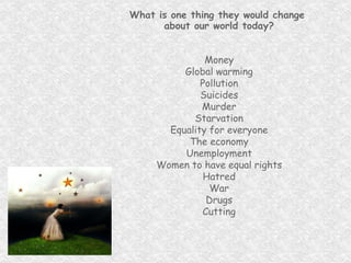 What is one thing they would change  about our world today? Money Global warming Pollution Suicides Murder Starvation Equality for everyone The economy Unemployment Women to have equal rights Hatred War Drugs Cutting 