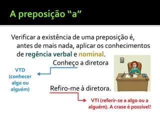 Verificar a existência de uma preposição é,
antes de mais nada, aplicar os conhecimentos
de regência verbal e nominal.
Conheço a diretora
Refiro-me à diretora.
VTD
(conhecer
algo ou
alguém)
VTI (referir-se a algo ou a
alguém). A crase é possível!
 