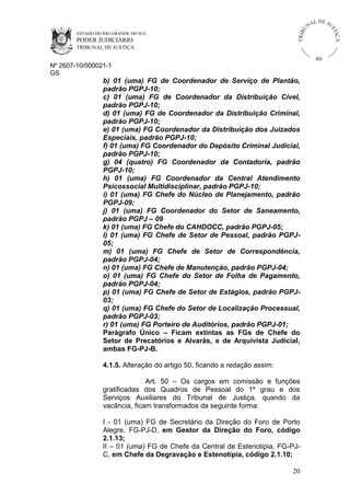 U
TRIB

IÇ A

PODER JUDICIÁRIO

L DE JU
ST

ESTADO DO RIO GRANDE DO SUL

NA

TRIBUNAL DE JUSTIÇA

RS

Nº 2607-10/000021-1
GS

b) 01 (uma) FG de Coordenador de Serviço de Plantão,
padrão PGPJ-10;
c) 01 (uma) FG de Coordenador da Distribuição Cível,
padrão PGPJ-10;
d) 01 (uma) FG de Coordenador da Distribuição Criminal,
padrão PGPJ-10;
e) 01 (uma) FG Coordenador da Distribuição dos Juizados
Especiais, padrão PGPJ-10;
f) 01 (uma) FG Coordenador do Depósito Criminal Judicial,
padrão PGPJ-10;
g) 04 (quatro) FG Coordenador da Contadoria, padrão
PGPJ-10;
h) 01 (uma) FG Coordenador da Central Atendimento
Psicossocial Multidisciplinar, padrão PGPJ-10;
i) 01 (uma) FG Chefe do Núcleo de Planejamento, padrão
PGPJ-09;
j) 01 (uma) FG Coordenador do Setor de Saneamento,
padrão PGPJ – 09
k) 01 (uma) FG Chefe do CAHDOCC, padrão PGPJ-05;
l) 01 (uma) FG Chefe de Setor de Pessoal, padrão PGPJ05;
m) 01 (uma) FG Chefe de Setor de Correspondência,
padrão PGPJ-04;
n) 01 (uma) FG Chefe de Manutenção, padrão PGPJ-04;
o) 01 (uma) FG Chefe do Setor de Folha de Pagamento,
padrão PGPJ-04;
p) 01 (uma) FG Chefe de Setor de Estágios, padrão PGPJ03;
q) 01 (uma) FG Chefe do Setor de Localização Processual,
padrão PGPJ-03;
r) 01 (uma) FG Porteiro de Auditórios, padrão PGPJ-01;
Parágrafo Único – Ficam extintas as FGs de Chefe do
Setor de Precatórios e Alvarás, e de Arquivista Judicial,
ambas FG-PJ-B.
4.1.5. Alteração do artigo 50, ficando a redação assim:
Art. 50 – Os cargos em comissão e funções
gratificadas dos Quadros de Pessoal do 1º grau e dos
Serviços Auxiliares do Tribunal de Justiça, quando da
vacância, ficam transformados da seguinte forma:
I - 01 (uma) FG de Secretário da Direção do Foro de Porto
Alegre, FG-PJ-D, em Gestor da Direção do Foro, código
2.1.13;
II – 01 (uma) FG de Chefe da Central de Estenotipia, FG-PJC, em Chefe da Degravação e Estenotipia, código 2.1.10;
20

 