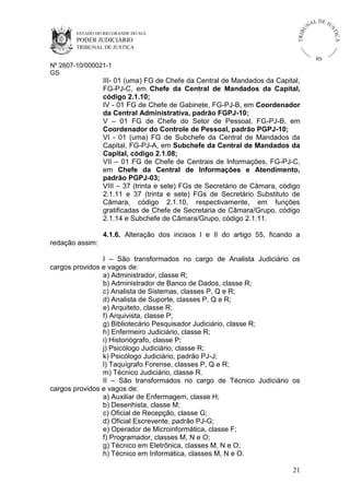 U
TRIB

IÇ A

PODER JUDICIÁRIO

L DE JU
ST

ESTADO DO RIO GRANDE DO SUL

NA

TRIBUNAL DE JUSTIÇA

RS

Nº 2607-10/000021-1
GS

III- 01 (uma) FG de Chefe da Central de Mandados da Capital,
FG-PJ-C, em Chefe da Central de Mandados da Capital,
código 2.1.10;
IV - 01 FG de Chefe de Gabinete, FG-PJ-B, em Coordenador
da Central Administrativa, padrão FGPJ-10;
V – 01 FG de Chefe do Setor de Pessoal, FG-PJ-B, em
Coordenador do Controle de Pessoal, padrão PGPJ-10;
VI - 01 (uma) FG de Subchefe da Central de Mandados da
Capital, FG-PJ-A, em Subchefe da Central de Mandados da
Capital, código 2.1.08;
VII – 01 FG de Chefe de Centrais de Informações, FG-PJ-C,
em Chefe da Central de Informações e Atendimento,
padrão PGPJ-03;
VIII – 37 (trinta e sete) FGs de Secretário de Câmara, código
2.1.11 e 37 (trinta e sete) FGs de Secretário Substituto de
Câmara, código 2.1.10, respectivamente, em funções
gratificadas de Chefe de Secretaria de Câmara/Grupo, código
2.1.14 e Subchefe de Câmara/Grupo, código 2.1.11.
4.1.6. Alteração dos incisos I e II do artigo 55, ficando a
redação assim:
I – São transformados no cargo de Analista Judiciário os
cargos providos e vagos de:
a) Administrador, classe R;
b) Administrador de Banco de Dados, classe R;
c) Analista de Sistemas, classes P, Q e R;
d) Analista de Suporte, classes P, Q e R;
e) Arquiteto, classe R;
f) Arquivista, classe P;
g) Bibliotecário Pesquisador Judiciário, classe R;
h) Enfermeiro Judiciário, classe R;
i) Historiógrafo, classe P;
j) Psicólogo Judiciário, classe R;
k) Psicólogo Judiciário, padrão PJ-J;
l) Taquígrafo Forense, classes P, Q e R;
m) Técnico Judiciário, classe R.
II – São transformados no cargo de Técnico Judiciário os
cargos providos e vagos de:
a) Auxiliar de Enfermagem, classe H;
b) Desenhista, classe M;
c) Oficial de Recepção, classe G;
d) Oficial Escrevente, padrão PJ-G;
e) Operador de Microinformática, classe F;
f) Programador, classes M, N e O;
g) Técnico em Eletrônica, classes M, N e O;
h) Técnico em Informática, classes M, N e O.
21

 