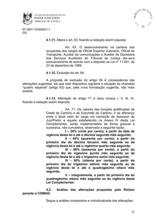 ESTADO DO RIO GRANDE DO SUL

PODER JUDICIÁRIO

IÇ A

TRIB

U

L DE JU
ST

NA

TRIBUNAL DE JUSTIÇA

RS

Nº 2607-10/000021-1
GS

4.1.11. Altera o art. 63, ficando a redação assim exposta:
Art. 63. O desenvolvimento na carreira dos
ocupantes dos cargos de Oficial Superior Judiciário, Oficial de
Transporte, Auxiliar de comunicações e Auxiliar de Secretaria
dos Serviços Auxiliares do Tribunal de Justiça dar-se-á
exclusivamente de acordo com o disposto na Lei nº 11.291, de
23 de dezembro de 1998.
4.1.12. Exclusão do art. 64.
A proposta de exclusão do artigo 64 é conseqüência das
alterações sugeridas, eis que este dispositivo regularia a situação do chamado
“quadro especial” (artigo 63) que, pela nova formatação sugerida, não mais
existirá.
4.1.13. Alteração do artigo 71 e seus incisos I, II, III, IV,
ficando a redação assim disposta:
Art. 71. Os valores das funções gratificadas de
Chefe de Cartório e de Subchefe de Cartório, e da diferença
entre o atual valor do cargo em comissão de Assessor de
Juiz/Pretor e aquele estabelecido no Anexo IV desta Lei
Complementar, serão implementados de forma gradual e
sucessiva, não cumulativa, observada a seguinte razão:
I – 20% (vinte por cento), a partir da data de
vigência desta lei e até o décimo segundo mês seguinte;
II – 40% (quarenta por cento), a partir do
primeiro dia do décimo terceiro mês seguinte ao da
vigência desta lei e até o vigésimo quarto mês seguinte;
III – 60% (sessenta por cento), a partir do
primeiro dia do vigésimo quinto mês seguinte ao da
vigência desta lei e até o trigésimo sexto mês seguinte;
IV - 80% (oitenta por cento), a partir do
primeiro dia do trigésimo sétimo mês seguinte ao da
vigência desta lei e até o quadragésimo oitavo mês
seguinte;
V – integralmente, a partir do primeiro dia do
quadragésimo oitavo mês seguinte ao da vigência desta
Lei Complementar.
4.2.
perante o COMAG:

Análise das alterações propostas pelo Relator

Segue a análise comparativa e individualizada das alterações:

23

 