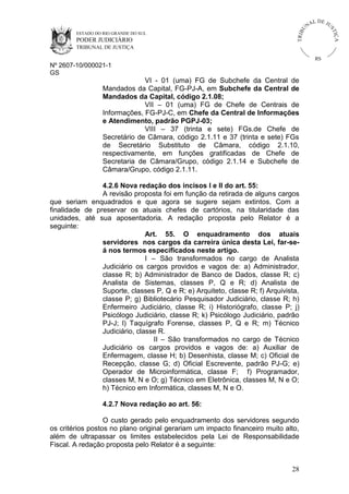 U
TRIB

IÇ A

PODER JUDICIÁRIO

L DE JU
ST

ESTADO DO RIO GRANDE DO SUL

NA

TRIBUNAL DE JUSTIÇA

RS

Nº 2607-10/000021-1
GS

VI - 01 (uma) FG de Subchefe da Central de
Mandados da Capital, FG-PJ-A, em Subchefe da Central de
Mandados da Capital, código 2.1.08;
VII – 01 (uma) FG de Chefe de Centrais de
Informações, FG-PJ-C, em Chefe da Central de Informações
e Atendimento, padrão PGPJ-03;
VIII – 37 (trinta e sete) FGs.de Chefe de
Secretário de Câmara, código 2.1.11 e 37 (trinta e sete) FGs
de Secretário Substituto de Câmara, código 2.1.10,
respectivamente, em funções gratificadas de Chefe de
Secretaria de Câmara/Grupo, código 2.1.14 e Subchefe de
Câmara/Grupo, código 2.1.11.
4.2.6 Nova redação dos incisos I e II do art. 55:
A revisão proposta foi em função da retirada de alguns cargos
que seriam enquadrados e que agora se sugere sejam extintos. Com a
finalidade de preservar os atuais chefes de cartórios, na titularidade das
unidades, até sua aposentadoria. A redação proposta pelo Relator é a
seguinte:
Art. 55. O enquadramento dos atuais
servidores nos cargos da carreira única desta Lei, far-seá nos termos especificados neste artigo.
I – São transformados no cargo de Analista
Judiciário os cargos providos e vagos de: a) Administrador,
classe R; b) Administrador de Banco de Dados, classe R; c)
Analista de Sistemas, classes P, Q e R; d) Analista de
Suporte, classes P, Q e R; e) Arquiteto, classe R; f) Arquivista,
classe P; g) Bibliotecário Pesquisador Judiciário, classe R; h)
Enfermeiro Judiciário, classe R; i) Historiógrafo, classe P; j)
Psicólogo Judiciário, classe R; k) Psicólogo Judiciário, padrão
PJ-J; l) Taquígrafo Forense, classes P, Q e R; m) Técnico
Judiciário, classe R.
II – São transformados no cargo de Técnico
Judiciário os cargos providos e vagos de: a) Auxiliar de
Enfermagem, classe H; b) Desenhista, classe M; c) Oficial de
Recepção, classe G; d) Oficial Escrevente, padrão PJ-G; e)
Operador de Microinformática, classe F; f) Programador,
classes M, N e O; g) Técnico em Eletrônica, classes M, N e O;
h) Técnico em Informática, classes M, N e O.
4.2.7 Nova redação ao art. 56:
O custo gerado pelo enquadramento dos servidores segundo
os critérios postos no plano original gerariam um impacto financeiro muito alto,
além de ultrapassar os limites estabelecidos pela Lei de Responsabilidade
Fiscal. A redação proposta pelo Relator é a seguinte:

28

 