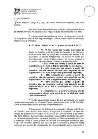 U
TRIB

IÇ A

PODER JUDICIÁRIO

L DE JU
ST

ESTADO DO RIO GRANDE DO SUL

NA

TRIBUNAL DE JUSTIÇA

RS

Nº 2607-10/000021-1
GS

“quadro especial” (artigo 63) que, pela nova formatação sugerida, não mais
existirá.
Aos servidores dos quadros em extinção são garantidos todos
os direitos previstos na legislação que regulava suas atividades até esta data.
A proposta aqui é no sentido de retirar os cargos em extinção
da progressão, porque tem regulamentação própria, e em função da limitação
orçamentária e financeira.
4.2.13. Nova redação ao art. 71 e seus incisos I, II, III, IV:
Art. 71. Os valores das funções gratificadas de
Chefe de Cartório e de Subchefe de Cartório, e da diferença
entre o atual valor do cargo em comissão de Assessor de
Juiz/Pretor e aquele estabelecido no Anexo IV desta Lei
Complementar, serão implementados de forma gradual e
sucessiva, não cumulativa, observada a seguinte razão:
I – 20% (vinte por cento), a partir da data de
vigência desta lei e até o décimo segundo mês seguinte;
II – 40% (quarenta por cento), a partir do
primeiro dia do décimo terceiro mês seguinte ao da
vigência desta lei e até o vigésimo quarto mês seguinte;
III – 60% (sessenta por cento), a partir do
primeiro dia do vigésimo quinto mês seguinte ao da
vigência desta lei e até o trigésimo sexto mês seguinte;
IV - 80% (oitenta por cento), a partir do
primeiro dia do trigésimo sétimo mês seguinte ao da
vigência desta lei e até o quadragésimo oitavo mês
seguinte;
V – integralmente, a partir do primeiro dia do
quadragésimo oitavo mês seguinte ao da vigência desta
Lei Complementar.
A revisão apresentada visa a dar um vencimento um pouco
melhor aos assessores de juízes de 1º grau, que passará a ser de R$ 6.024,76,
com o aumento gradual até que seja atingido este valor.
O tema posto foi detidamente analisado inclusive pelo Grupo
de Trabalho que auxiliou este relator. Chegamos à conclusão de que, em
função da quantidade de cargos de Assessor de Juiz de Direito e de Pretor,
não seria possível diminuir mais a diferença remuneratória existente para com
os cargos de segundo grau, como era desejo meu. Mesmo reconhecendo que
a diferença ainda é muito grande, os estudos e simulações realizados pelo
Grupo de Trabalho, concluiu que não há como contornar o problema neste
momento em função da necessidade de compatibilização entre orçamento e

31

 