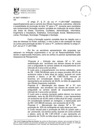 U
TRIB

IÇ A

PODER JUDICIÁRIO

L DE JU
ST

ESTADO DO RIO GRANDE DO SUL

NA

TRIBUNAL DE JUSTIÇA

RS

Nº 2607-10/000021-1
GS

O artigo 2º, § 2º, da Lei nº 11.291/19983 estabelece
especificadamente para a carreira dos Oficiais Superiores Judiciários, referente
à possibilidade de promoção da letra “O” para a “P”, somente para candidatos
que comprovarem formação superior completa em instituição de ensino oficial,
nas áreas de Direito, Economia, Contábeis, Administração, Informática,
Engenharia e Arquitetura, Estatística, Comunicação Social, Biblioteconomia,
Letras, Psicologia, Sociologia, Pedagogia e Geologia.
Como a formação superior completa deve ter relação com a
área de interesse do Poder Judiciário, o voto é para a não aceitação de todos
os cursos para promoção da letra “O” para a “P”, conforme referido no artigo 2º,
§ 2º, da Lei nº 11.291/1998.
Por fim, os servidores apresentaram três propostas que
esbarram na limitação orçamentária e na Lei de Responsabilidade Fiscal,
devido à repercussão financeira, como se verifica no parecer apresentado pela
Assessoria de Planejamento:
“Proposta A – Extinção das classes “M” e “N”, com
redistribuição dos servidores nas demais classes de acordo
com a antiguidade na carreira (tabela de enquadramento com
intervalo de 4 anos entre as letras.
O custo para o enquadramento nos termos solicitados, seria
de R$ 1.206.790,80/mês para os cargos providos (60,3% de
acréscimo sobre a folha atual do cargo), levando em conta
somente o básico; e de R$ 1.699.705,35, mensais se
levarmos em consideração básico e vantagens, o que
representaria um acréscimo de 84,9% na folha de pagamento
dos Oficiais Superiores Judiciário.
Proposta B – Manutenção das classes “M” e “N”, com
redistribuição dos servidores nas classes de acordo com a
antiguidade na carreira (tarefa de enquadramento com
intervalo de 3 anos entre as letras).
O custo para a carreira (somente salário básico) nos termos
solicitados, seria de R$ 878.970,55/mês, o que representaria
um acréscimo de 43,9% sobre a folha atual do cargo. Levando
em consideração também as vantagens, a repercussão será
de R$ 1.237.986,69 mensais, com acréscimo de 61,8%.
Proposta C – Manutenção das classes “M” e “N”, com
promoção de 50% do contingente de cada classe por ano.
O Custo mensal para a promoção de 50% do quadro apto a
ser promovido, nos termos acima, levando em conta somente
o básico, seria de R$ 1.381.476,97, o que representa um
acréscimo de 74,9% na folha atual do cargo, quando todos os
3

Art. 2, § 2º, Projeto do Plano de Carreira. Na carreira de Oficial Superior Judiciário, para promoção de Classe “O”
para “P”, somente poderão ser promovidos candidatos que comprovarem formação superior completa, em instituição
de ensino oficial, conforme estabelecido no item “instrução” das “especificações de classe” do cargo.

34

 