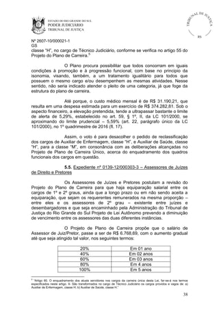 ESTADO DO RIO GRANDE DO SUL

PODER JUDICIÁRIO

IÇ A

TRIB

U

L DE JU
ST

NA

TRIBUNAL DE JUSTIÇA

RS

Nº 2607-10/000021-1
GS

classe “H”, no cargo de Técnico Judiciário, conforme se verifica no artigo 55 do
Projeto do Plano de Carreira.5
O Plano procura possibilitar que todos concorram em iguais
condições à promoção e à progressão funcional, com base no principio da
isonomia, visando, também, a um tratamento igualitário para todos que
possuem o mesmo cargo e/ou desempenhem as mesmas atividades. Nesse
sentido, não seria indicado atender o pleito de uma categoria, já que foge da
estrutura do plano de carreira.
Até porque, o custo médico mensal é de R$ 31.190,21, que
resulta em uma despesa estimada para um exercício de R$ 374.282,81. Sob o
aspecto financeiro, a elevação pretendida, tende a ultrapassar bastante o limite
de alerta de 5,29%, estabelecido no art. 59, § 1º, II, da LC 101/2000, se
aproximando do limite prudencial – 5,59% (art. 22, parágrafo único da LC
101/2000), no 1º quadrimestre de 2016 (fl. 17).
Assim, o voto é para desacolher o pedido de reclassificação
dos cargos de Auxiliar de Enfermagem, classe “H”, e Auxiliar de Saúde, classe
“H”, para a classe “M”, em consonância com as deliberações alcançadas no
Projeto de Plano de Carreira Único, acerca do enquadramento dos quadros
funcionais dos cargos em questão.
5.5. Expediente nº 0139-12/000303-3 – Assessores de Juízes
de Direito e Pretores
Os Assessores de Juízes e Pretores postulam a revisão do
Projeto do Plano de Carreira para que haja equiparação salarial entre os
cargos de 1º e 2º graus, ainda que a longo prazo ou em não sendo aceita a
equiparação, que sejam os requerentes remunerados na mesma proporção –
entre eles e os assessores de 2º grau – existente entre juízes e
desembargadores e que seja encaminhado pela Administração do Tribunal de
Justiça do Rio Grande do Sul Projeto de Lei Autônomo prevendo a diminuição
de vencimento entre os assessores das duas diferentes instâncias.
O Projeto de Plano de Carreira propõe que o salário de
Assessor de Juiz/Pretor, passe a ser de R$ 6.768,69, com o aumento gradual
até que seja atingido tal valor, nos seguintes termos:
20%
40%
60%
80%
100%

Em 01 ano
Em 02 anos
Em 03 anos
Em 4 anos
Em 5 anos

5

“Artigo 60. O enquadramento dos atuais servidores nos cargos da carreira única desta Lei, far-se-á nos termos
especificados neste artigo. II- São transformados no cargo de Técnico Judiciário os cargos providos e vagos de: a)
Auxiliar de Enfermagem, classe H; b) Auxiliar de Saúde, classe H.”

38

 