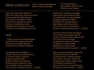 Letra: Francisco Mangabeira        Voz: Raquel Ribera
HINO ACREANO                     Música: Mozart Donizetti           Sax soprano: Almir do Vale
                                                                    Violão: Dircinei Souza

Que este sol a brilhar soberano                            Possuímos um bem conquistado
Sobre as matas que o vêem com amor                         Nobremente com armas na mão
Encha o peito de cada acreano                              Se o afrontarem, de cada soldado
De nobreza, constância e valor...                          Surgirá de repente um leão
Invencíveis e grandes na guerra,                           Liberdade é o querido tesouro
Imitemos o exemplo sem par                                 Que depois do lutar nos seduz
Do amplo rio que briga com a terra                         Tal o rio que rola, o sol de ouro
Vence-a e entra brigando com o mar                         Lança um manto sublime de luz (...refrão)

                                                           Vamos ter como prêmio da guerra
Refrão:                                                    Um consolo que as penas desfaz
                                                           Vendo as flores do amor sobre a terra
 Fulge um astro na nossa bandeira                          E no céu o arco-íris da paz
Que foi tinto no sangue de heróis                          As esposas e mães carinhosas
Adoremos na estrela altaneira                              A esperarem nos lares fiéis
O mais belo e o melhor dos faróis                          Atapetam a porta de rosas
                                                           E cantando entretecem lauréis (...refrão)

Triunfantes da luta voltando                               Mas se audaz estrangeiro algum dia
Temos n'alma os encantos do céu                            Nossos brios de novo ofender
E na fronte serena, radiante,                              Lutaremos com a mesma energia
Imortal e sagrado troféu                                   Sem recuar, sem cair, sem temer
O Brasil a exultar acompanha                               E ergueremos, então, destas zonas
Nossos passos portanto é subir                             Um tal canto vibrante e viril
Que da glória a divina montanha                            Que será como a voz do Amazonas
Tem no cimo o arrebol do porvir (...refrão)   Ria Slides   Ecoando por todo o Brasil (...refrão)
 