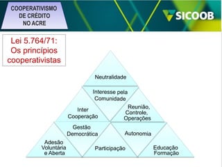 COOPERATIVISMO
DE CRÉDITO
NO ACRE

Lei 5.764/71:
Os princípios
cooperativistas
Neutralidade

Reunião,
Controle,
Operações

Adesão
Voluntária
e Aberta

Participação

Educação
Formação

 