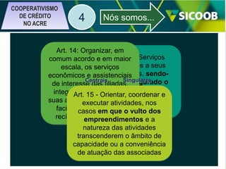 COOPERATIVISMO
DE CRÉDITO
NO ACRE

4

Nós somos...

Art. 14: Organizar, em
comum acordo e emArt. 2°: Serviços
maior
financeiros a seus
escala, os serviços
associados, sendoeconômicos e assistenciais
Centraislhes Singulares
assegurado o
de interesse das filiadas,
acesso aos
integrando15orientando coordenar e
e - Orientar,
Art.
instrumentos de
suas atividades, bem como
executar atividades, nos
mercado financeiro
facilitando a utilizaçãoo vulto dos
casos em que
Instituições
recíprocaempreendimentos e a
dos serviços
Sistêmicas
natureza das atividades
transcenderem o âmbito de
capacidade ou a conveniência
de atuação das associadas

 