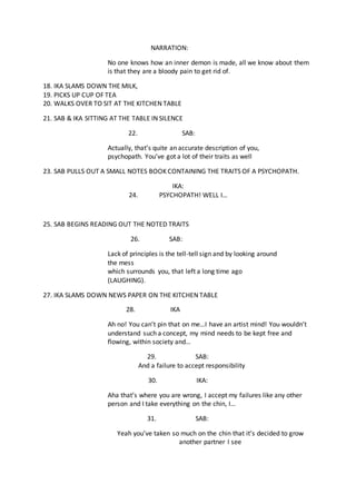 NARRATION:
No one knows how an inner demon is made, all we know about them
is that they are a bloody pain to get rid of.
18. IKA SLAMS DOWN THE MILK,
19. PICKS UP CUP OF TEA
20. WALKS OVER TO SIT AT THE KITCHEN TABLE
21. SAB & IKA SITTING AT THE TABLE IN SILENCE
22. SAB:
Actually, that’s quite an accurate description of you,
psychopath. You’ve got a lot of their traits as well
23. SAB PULLS OUT A SMALL NOTES BOOK CONTAINING THE TRAITS OF A PSYCHOPATH.
IKA:
24. PSYCHOPATH! WELL I…
25. SAB BEGINS READING OUT THE NOTED TRAITS
26. SAB:
Lack of principles is the tell-tell sign and by looking around
the mess
which surrounds you, that left a long time ago
(LAUGHING).
27. IKA SLAMS DOWN NEWS PAPER ON THE KITCHEN TABLE
28. IKA
Ah no! You can’t pin that on me…I have an artist mind! You wouldn’t
understand such a concept, my mind needs to be kept free and
flowing, within society and…
29. SAB:
And a failure to accept responsibility
30. IKA:
Aha that’s where you are wrong, I accept my failures like any other
person and I take everything on the chin, I…
31. SAB:
Yeah you’ve taken so much on the chin that it’s decided to grow
another partner I see
 