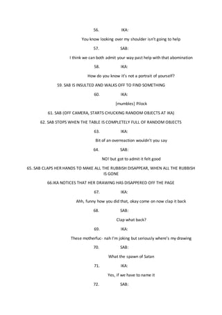 56. IKA:
You know looking over my shoulder isn’t going to help
57. SAB:
I think we can both admit your way past help with that abomination
58. IKA:
How do you know it’s not a portrait of yourself?
59. SAB IS INSULTED AND WALKS OFF TO FIND SOMETHING
60. IKA:
[mumbles] Pilock
61. SAB (OFF CAMERA, STARTS CHUCKING RANDOM OBJECTS AT IKA)
62. SAB STOPS WHEN THE TABLE IS COMPLETELY FULL OF RANDOM OBJECTS
63. IKA:
Bit of an overreaction wouldn’t you say
64. SAB:
NO! but got to admit it felt good
65. SAB CLAPS HER HANDS TO MAKE ALL THE RUBBISH DISAPPEAR, WHEN ALL THE RUBBISH
IS GONE
66.IKA NOTICES THAT HER DRAWING HAS DISAPPERED OFF THE PAGE
67. IKA:
Ahh, funny how you did that, okay come on now clap it back
68. SAB:
Clap what back?
69. IKA:
These motherfuc- nah I’m joking but seriously where’s my drawing
70. SAB:
What the spawn of Satan
71. IKA:
Yes, if we have to name it
72. SAB:
 