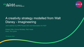 A creativity strategy modelled from Walt
Disney - Imagineering
Joint webinar by APM People SIG and Association for NLP
Robert Dilts, Emma McNally, Reb Veale
Host: Tim Lyons
18 January 2024
 