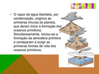 • O vapor de água libertado, por
condensação, originou as
primeiras chuvas do planeta,
que deram início à formação dos
oceanos primitivos.
Simultaneamente, iniciou-se a
formação da atmosfera primitiva
e começaram a surgir as
primeiras formas de vida dos
oceanos primitivos.

 