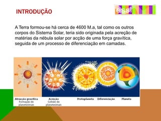 INTRODUÇÃO
A Terra formou-se há cerca de 4600 M.a, tal como os outros
corpos do Sistema Solar, teria sido originada pela acreção de
matérias da nébula solar por acção de uma força gravítica,
seguida de um processo de diferenciação em camadas.

 