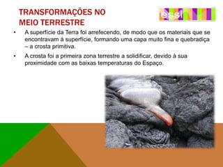 TRANSFORMAÇÕES NO
MEIO TERRESTRE
•

A superfície da Terra foi arrefecendo, de modo que os materiais que se
encontravam à superfície, formando uma capa muito fina e quebradiça
– a crosta primitiva.

•

A crosta foi a primeira zona terrestre a solidificar, devido à sua
proximidade com as baixas temperaturas do Espaço.

 