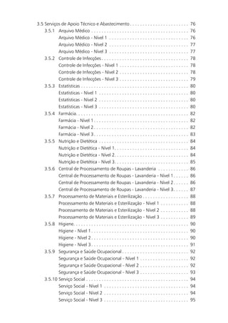 3.5 Serviços de Apoio Técnico e Abastecimento . . . . . . . . . . . . . . . . . . . . . . .                   76
    3.5.1 Arquivo Médico . . . . . . . . . . . . . . . . . . . . . . . . . . . . . . . . . . . . . .          76
           Arquivo Médico - Nível 1 . . . . . . . . . . . . . . . . . . . . . . . . . . . . . . .             76
           Arquivo Médico - Nível 2 . . . . . . . . . . . . . . . . . . . . . . . . . . . . . . .             77
           Arquivo Médico - Nível 3 . . . . . . . . . . . . . . . . . . . . . . . . . . . . . . .             77
    3.5.2 Controle de Infecções . . . . . . . . . . . . . . . . . . . . . . . . . . . . . . . . . .           78
           Controle de Infecções - Nível 1 . . . . . . . . . . . . . . . . . . . . . . . . . . .              78
           Controle de Infecções - Nível 2 . . . . . . . . . . . . . . . . . . . . . . . . . . .              78
           Controle de Infecções - Nível 3 . . . . . . . . . . . . . . . . . . . . . . . . . . .              79
    3.5.3 Estatísticas . . . . . . . . . . . . . . . . . . . . . . . . . . . . . . . . . . . . . . . . . .    80
           Estatísticas - Nível 1 . . . . . . . . . . . . . . . . . . . . . . . . . . . . . . . . . . .       80
           Estatísticas - Nível 2 . . . . . . . . . . . . . . . . . . . . . . . . . . . . . . . . . . .       80
           Estatísticas - Nível 3 . . . . . . . . . . . . . . . . . . . . . . . . . . . . . . . . . . .       80
    3.5.4 Farmácia. . . . . . . . . . . . . . . . . . . . . . . . . . . . . . . . . . . . . . . . . . . .     82
           Farmácia - Nível 1 . . . . . . . . . . . . . . . . . . . . . . . . . . . . . . . . . . . . .       82
            Farmácia - Nível 2 . . . . . . . . . . . . . . . . . . . . . . . . . . . . . . . . . . . . .      82
            Farmácia - Nível 3 . . . . . . . . . . . . . . . . . . . . . . . . . . . . . . . . . . . . .      83
     3.5.5 Nutrição e Dietética . . . . . . . . . . . . . . . . . . . . . . . . . . . . . . . . . . .         84
            Nutrição e Dietética - Nível 1. . . . . . . . . . . . . . . . . . . . . . . . . . . . .           84
            Nutrição e Dietética - Nível 2. . . . . . . . . . . . . . . . . . . . . . . . . . . . .           84
            Nutrição e Dietética - Nível 3. . . . . . . . . . . . . . . . . . . . . . . . . . . . .           85
     3.5.6 Central de Processamento de Roupas - Lavanderia . . . . . . . . . . . .                            86
            Central de Processamento de Roupas - Lavanderia - Nível 1 . . . . . .                             86
            Central de Processamento de Roupas - Lavanderia - Nível 2 . . . . . .                             86
            Central de Processamento de Roupas - Lavanderia - Nível 3 . . . . . .                             87
     3.5.7 Processamento de Materiais e Esterilização . . . . . . . . . . . . . . . . . .                     88
            Processamento de Materiais e Esterilização - Nível 1 . . . . . . . . . . .                        88
            Processamento de Materiais e Esterilização - Nível 2 . . . . . . . . . . .                        88
            Processamento de Materiais e Esterilização - Nível 3 . . . . . . . . . . .                        89
     3.5.8 Higiene. . . . . . . . . . . . . . . . . . . . . . . . . . . . . . . . . . . . . . . . . . . . .   90
            Higiene - Nível 1 . . . . . . . . . . . . . . . . . . . . . . . . . . . . . . . . . . . . . .     90
            Higiene - Nível 2 . . . . . . . . . . . . . . . . . . . . . . . . . . . . . . . . . . . . . .     90
            Higiene - Nível 3 . . . . . . . . . . . . . . . . . . . . . . . . . . . . . . . . . . . . . .     91
     3.5.9 Segurança e Saúde Ocupacional . . . . . . . . . . . . . . . . . . . . . . . . . .                  92
            Segurança e Saúde Ocupacional - Nível 1 . . . . . . . . . . . . . . . . . . .                     92
            Segurança e Saúde Ocupacional - Nível 2 . . . . . . . . . . . . . . . . . . .                     92
            Segurança e Saúde Ocupacional - Nível 3 . . . . . . . . . . . . . . . . . . .                     93
     3.5.10 Serviço Social . . . . . . . . . . . . . . . . . . . . . . . . . . . . . . . . . . . . . . . .    94
            Serviço Social - Nível 1 . . . . . . . . . . . . . . . . . . . . . . . . . . . . . . . . .        94
            Serviço Social - Nível 2 . . . . . . . . . . . . . . . . . . . . . . . . . . . . . . . . .        94
            Serviço Social - Nível 3 . . . . . . . . . . . . . . . . . . . . . . . . . . . . . . . . .        95
 