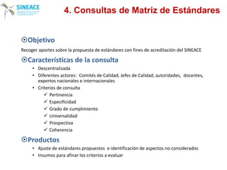 4. Consultas de Matriz de Estándares
Objetivo
Recoger aportes sobre la propuesta de estándares con fines de acreditación del SINEACE
Características de la consulta
• Descentralizada
• Diferentes actores: Comités de Calidad, Jefes de Calidad, autoridades, docentes,
expertos nacionales e internacionales
• Criterios de consulta
 Pertinencia
 Especificidad
 Grado de cumplimiento
 Universalidad
 Prospectiva
 Coherencia
Productos
• Ajuste de estándares propuestos e identificación de aspectos no considerados
• Insumos para afinar los criterios a evaluar
 