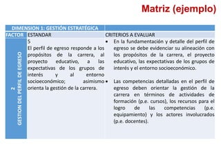 DIMENSION 1: GESTIÓN ESTRATÉGICA
FACTOR ESTANDAR CRITERIOS A EVALUAR
2
GESTIONDELPERFILDEEGRESO
5
El perfil de egreso responde a los
propósitos de la carrera, al
proyecto educativo, a las
expectativas de los grupos de
interés y al entorno
socioeconómico; asimismo
orienta la gestión de la carrera.
 En la fundamentación y detalle del perfil de
egreso se debe evidenciar su alineación con
los propósitos de la carrera, el proyecto
educativo, las expectativas de los grupos de
interés y el entorno socioeconómico.
 Las competencias detalladas en el perfil de
egreso deben orientar la gestión de la
carrera en términos de actividades de
formación (p.e. cursos), los recursos para el
logro de las competencias (p.e.
equipamiento) y los actores involucrados
(p.e. docentes).
Matriz (ejemplo)
 