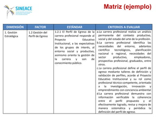 Matriz (ejemplo)
DIMENSIÓN FACTOR ESTÁNDAR CRITERIOS A EVALUAR
1. Gestión
Estratégica
1.2 Gestión del
Perfil de Egreso
1.2.1 El Perfil de Egreso de la
carrera profesional responde al
Proyecto Educativo
Institucional, a las expectativas
de los grupos de interés, al
entorno social y productivo,
asimismo orienta la gestión de
la carrera y son de
conocimiento público.
a.La carrera profesional realiza un análisis
permanente del contexto productivo,
social y del estado del arte de la profesión.
b.La carrera profesional identifica las
necesidades del entorno, adelantos
científico tecnológicos, planificación
nacional o regional, necesidades del
sector productivo, empleadores,
prospectiva profesional, graduados, entre
otros.
c.La carrera profesional define el perfil de
egreso mediante talleres de definición y
validación de perfiles, acorde al Proyecto
Educativo Institucional y su rol como
profesional técnico competente, orientado
a la investigación, innovación y
emprendimiento con conciencia ambiental
d.La carrera profesional demuestra con
información verificable la coherencia
entre el perfil propuesto y el
efectivamente logrado, revisa y mejora de
manera sistemática y periódica la
definición del perfil de egreso.
 
