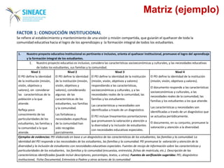 Matriz (ejemplo)
1. Nuestro proyecto educativo institucional es pertinente e inclusivo, orienta el quehacer institucional, promueve el logro del aprendizaje
y la formación integral de los estudiantes.
1. Nuestro proyecto educativo es inclusivo, considera las características socioeconómicas y culturales, y las necesidades educativas
de todos los estudiantes, sus familias y la comunidad.
Nivel 1
El PEI define la identidad
de la institución (misión,
visión, objetivos y
valores), sin considerar
las características de la
población a la que
atiende.
Refleja poco
conocimiento de las
particularidades de los
estudiantes, las familias y
la comunidad a la que
atiende.
Nivel 2
El PEI define la identidad
de la institución (misión,
visión, objetivos y
valores), considerando
algunas de las
características de los
estudiantes, sus familias
y la comunidad.
Las fortalezas y
necesidades específicas
de la comunidad han
sido recogidas
parcialmente.
Nivel 3
El PEI define la identidad de la institución
(misión, visión, objetivos y valores)
respondiendo a las características,
socioeconómicas y culturales, y a las
necesidades reales de la comunidad, las
familias y los estudiantes.
Las características y necesidades son
identificadas a través de un diagnóstico.
El PEI incluye lineamientos yorientaciones
que promueven la valoración y atención a
la diversidad y la inclusión de estudiantes
con necesidades educativas especiales.
Nivel 4
El PEI define la identidad de la institución
(misión, visión, objetivos y valores).
El documento responde a las características
socioeconómicas y culturales, a las
necesidades reales de la comunidad, las
familias y los estudiantes a los que atiende.
Las características y necesidades son
identificadas a través de un diagnóstico que
se actualiza periódicamente.
El documento, en su conjunto, promueve la
valoración y atención a la diversidad.
Ejemplos de evidencias: PEI elaborado en base a un diagnóstico de las características de los estudiantes, las familias y la comunidad. La
identidad del PEI responde a las necesidades de los estudiantes, las familias y la comunidad. PEI promueve la valoración y atención de la
diversidad y la inclusión de estudiantes con necesidades educativas especiales. Fuentes de recojo de información sobre las características y
particularidades de los estudiantes, las familias y la comunidad (encuestas, entrevista, fichas de matrícula, etc.). Descripción de las
características identificadas (puede incluir descriptores, porcentajes, textos, u otros). Fuentes de verificación sugeridas: PEI, diagnóstico
institucional, Ficha Documental, Entrevista a Padres y otros actores de la comunidad
FACTOR 1: CONDUCCIÓN INSTITUCIONAL
Se refiere al establecimiento y mantenimiento de una visión y misión compartida, que guiarán el quehacer de toda la
comunidad educativa hacia el logro de los aprendizajes y la formación integral de todos los estudiantes.
 