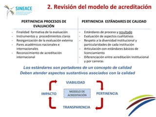 PERTINENCIA PROCESOS DE
EVALUACIÓN
PERTINENCIA ESTÁNDARES DE CALIDAD
- Finalidad formativa de la evaluación
- Instrumentos y procedimientos claros
- Reorganización de la evaluación externa
- Pares académicos nacionales e
internacionales
- Reconocimiento de acreditación
internacional
- Estándares de proceso y resultado
- Evaluación de aspectos cualitativos
- Respeto a la diversidad institucional y
particularidades de cada institución
- Articulación con estándares básicos de
licenciamiento
- Diferenciación entre acreditación Institucional
y por carreras
2. Revisión del modelo de acreditación
MODELO DE
ACREDITACIÓN
VIABILIDAD
PERTINENCIA
TRANSPARENCIA
IMPACTO
Los estándares son portadores de un concepto de calidad
Deben atender aspectos sustantivos asociados con la calidad
 