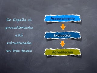 En España el     Asesoramiento

procedimiento

    está          Evaluación
estructurado

en tres fases:   Acreditación
 