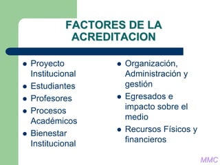 FACTORES DE LA
ACREDITACION
 Proyecto
Institucional
 Estudiantes
 Profesores
 Procesos
Académicos
 Bienestar
Institucional
 Organización,
Administración y
gestión
 Egresados e
impacto sobre el
medio
 Recursos Físicos y
financieros
MMC
 