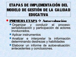 ETAPAS DE IMPLEMENTACIÓN DELETAPAS DE IMPLEMENTACIÓN DEL
MODELO DE GESTIÓN DE LA CALIDADMODELO DE GESTIÓN DE LA CALIDAD
EDUCATIVAEDUCATIVA
PRIMERA ETAPAPRIMERA ETAPA  Autoevaluación:Autoevaluación:
Organizar y conducir el proceso:Organizar y conducir el proceso:
sensibilización y participación de actoressensibilización y participación de actores
involucrados.involucrados.
Aplicar instrumentosAplicar instrumentos
Analizar e interpretar la informaciónAnalizar e interpretar la información
determinando destrezas y habilidadesdeterminando destrezas y habilidades
Elaborar un informe de autoevaluación:Elaborar un informe de autoevaluación:
antecedentes y conclusiones.antecedentes y conclusiones.
 