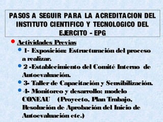 PASOS A SEGUIR PARA LA ACREDITACION DELPASOS A SEGUIR PARA LA ACREDITACION DEL
INSTITUTO CIENTIFICO Y TECNOLOGICO DELINSTITUTO CIENTIFICO Y TECNOLOGICO DEL
EJERCITO - EPGEJERCITO - EPG
Actividades PreviasActividades Previas
11-- Exposición: Estructuración del procesoExposición: Estructuración del proceso
a realizar.a realizar.
2 -Establecimiento del Comité Interno de2 -Establecimiento del Comité Interno de
Autoevaluación.Autoevaluación.
3- Tallerde Capacitación y Sensibilización.3- Tallerde Capacitación y Sensibilización.
4- Monitoreo y desarrollo: modelo4- Monitoreo y desarrollo: modelo
CONEAU (Proyecto, Plan Trabajo,CONEAU (Proyecto, Plan Trabajo,
Resolución de Aprobación del Inicio deResolución de Aprobación del Inicio de
Autoevaluación etc.)Autoevaluación etc.)
 