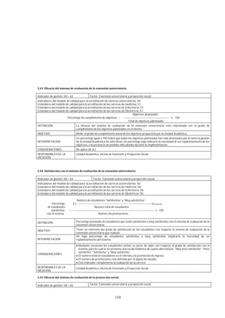 110
Indicador de gestión: GII – 63 Factor: Extensión universitaria y proyección social
Indicadores del modelo de calidad para la acreditación de carreras universitarias: 50.
Estándares del modelo de calidad para la acreditación de las carreras de medicina: 57.
Estándares del modelo de calidad para la acreditación de las carreras de Enfermería: 57.
Estándares del modelo de calidad para la acreditación de las carreras de Obstetricia: 57.
Objetivos alcanzados
Porcentaje de cumplimiento de objetivos = ------------------------------------------------ x 100
Total de objetivos planteados
DEFINICIÓN: La eficacia del sistema de evaluación de la extensión universitaria está relacionada con el grado de
cumplimiento de los objetivos planteados en el mismo.
OBJETIVO: Medir el grado de cumplimiento anual de los objetivos propuestos por la Unidad Académica.
INTERPRETACIÓN:
Un porcentaje igual a 100 indica que todos los objetivos planteados han sido alcanzados por lo tanto la gestión
de la Unidad Académica ha sido eficaz. Un porcentaje bajo indicaría la necesidad de un replanteamiento de los
objetivos, o la presencia de posibles dificultades durante la implementación.
CONSIDERACIONES: No aplica (N. A.).
RESPONSABLES DE LA
MEDICIÓN:
Unidad Académica, oficina de Extensión y Proyección Social.
Indicador de gestión: GII – 64 Factor: Extensión universitaria y proyección social.
Indicadores del modelo de calidad para la acreditación de carreras universitarias: 50.
Estándares del modelo de calidad para la acreditación de las carreras de medicina: 58.
Estándares del modelo de calidad para la acreditación de las carreras de Enfermería: 58.
Estándares del modelo de calidad para la acreditación de las carreras de Obstetricia: 58.
Número de estudiantes “Satisfechos” y “Muy satisfechos”
Porcentaje Σ [ --------------------------------------------------------------------------------]Promoción
de estudiantes Número total de estudiantes
satisfechos = --------------------------------------------------------------------------------------- x 100
con el sistema Número de promociones
DEFINICIÓN: Porcentaje promedio de estudiantes que están satisfechos o muy satisfechos con el sistema de evaluación de la
extensión universitaria.
OBJETIVO: Tener un referente del grado de satisfacción de los estudiantes con respecto al sistema de evaluación de la
extensión universitaria que realizan.
INTERPRETACIÓN:
Un bajo porcentaje de estudiantes satisfechos y muy satisfechos implicaría la necesidad de un
replanteamiento del sistema.
CONSIDERACIONES:
Mediante encuestas los estudiantes emiten su juicio de valor con respecto al grado de satisfacción con el
sistema, para lo cual se les presenta una escala hedónica de cuatro alternativas: “Muy poco satisfecho”, “Poco
satisfecho”, “Satisfecho” y “Muy satisfecho”.
El número total de estudiantes es el referido a la promoción de ingreso.
El número de promociones está definido por el objeto de estudio.
Este indicador complementa la evaluación de la carrera.
RESPONSABLES DE LA
MEDICIÓN:
Unidad Académica, oficina de Extensión y Proyección Social.
Indicador de gestión: GII – 65 Factor: Extensión universitaria y proyección social.
 