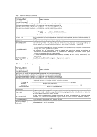 122
Indicador de gestión:
GIII – 89 Medicina)
GIII – 88 (Enfermería)
GIII – 87 (Obstetricia)
Factor: Docentes.
Indicadores del modelo de calidad para la acreditación de carreras universitarias: 69.
Estándares del modelo de calidad para la acreditación de las carreras de Medicina: 79.
Estándares del modelo de calidad para la acreditación de las carreras de Enfermería: 79.
Estándares del modelo de calidad para la acreditación de las carreras de Obstetricia: 79.
Número de Número de libros científicos
libros = ----------------------------------------------
por docente Número de docentes
DEFINICIÓN: Producción anual de libros versados sobre la investigación realizada por los docentes y de las asignaturas que
enseñan.
OBJETIVO: Medir la producción científica y tecnológica de los docentes. .
INTERPRETACIÓN: Este indicador permitiría evaluar la contribución del docente en el proceso de enseñanza-aprendizaje con
material bibliográfico generado de sus investigaciones, experiencias profesionales y académicas.
CONSIDERACIONES:
Los libros de investigación y textos han sido publicados con ISBN y derechos reservados en editoriales de
prestigio en el período que demande el estudio.
Se considera libro de investigación aquel que supone una contribución original al desarrollo del
conocimiento en un determinado campo. Se denomina texto al libro que versa sobre materias que se
imparten en asignaturas del programa de estudios.
Los libros de investigación contienen como mínimo los resultados de cinco artículos científicos del autor
sobre el tema.
RESPONSABLES DE LA
MEDICIÓN:
Unidad Académica, Oficina de Investigación y Departamento Académico.
Indicador de gestión:
GIII – 90 (Medicina)
GIII – 89 (Enfermería)
GIII – 88 (Obstetricia)
Factor: Docentes
Indicadores del modelo de calidad para la acreditación de carreras universitarias: 70.
Estándares del modelo de calidad para la acreditación de las carreras de Medicina: 80.
Estándares del modelo de calidad para la acreditación de las carreras de Enfermería: 80.
Estándares del modelo de calidad para la acreditación de las carreras de Obstetricia: 80.
Número de docentes que han sido ponentes en eventos nacionales
Porcentaje de Σ [---------------------------------------------------------------------------------------------]Ciclo académico
docentes Número total de docentes
ponentes en = ----------------------------------------------------------------------------------------------------------------------- x 100
eventos nacionales Número de ciclos académicos
DEFINICIÓN: Es el porcentaje de docentes que difunden su producción intelectual siendo ponentes en eventos nacionales.
OBJETIVO: Tener un referente de la difusión de la producción intelectual y la participación de los docentes en los eventos
de difusión que se realizan en el ámbito nacional.
INTERPRETACIÓN:
Un bajo grado de cumplimiento, indicaría la necesidad de revisar las estrategias que realiza la Unidad
Académica para promover la participación de su plana docente en eventos nacionales de difusión científica.
CONSIDERACIONES: El ciclo académico es el periodo de 17 semanas de clases.
RESPONSABLES DE LA
MEDICIÓN:
Unidad Académica y Oficina de Estudios.
 