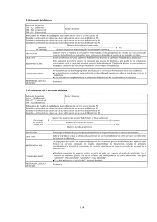 138
Indicador de gestión:
GIII – 123 (Medicina)
GIII – 122 (Enfermería)
GIII – 121 (Obstetricia)
Factor: Bienestar.
Indicadores del modelo de calidad para la acreditación de carreras universitarias: 79.
Estándares del modelo de calidad para la acreditación de las carreras de Medicina: 90.
Estándares del modelo de calidad para la acreditación de las carreras de Enfermería: 90.
Estándares del modelo de calidad para la acreditación de las carreras de Obstetricia: 90.
Número de estudiantes matriculados
Demanda = --------------------------------------------------------------------------------------------- x 100
de biblioteca Número de puestos disponibles para estudiantes en biblioteca
DEFINICIÓN: Relación entre el número de estudiantes matriculados en los programas de estudio que son potenciales
usuarios de las bibliotecas de la universidad y el número disponible de puestos a ser ocupados por ellos.
OBJETIVO: Tener un referente por ciclo académico de la demanda de uso de la capacidad instalada de las bibliotecas.
INTERPRETACIÓN:
Este indicador permitiría conocer la demanda por puesto de biblioteca, por parte de los estudiantes
matriculados, dada la capacidad actual de atención de las bibliotecas. El indicador debiera ser contrastado con
estándares existentes de atención de estudiantes universitarios en bibliotecas.
CONSIDERACIONES:
Estudiantes de los distintos programas de estudio de la universidad matriculados en un ciclo académico.
Los puestos para estudiantes están definidos por las sillas y el espacio para ellas al lado de una mesa en la
biblioteca.
Este indicador se complementa con la efectividad de la atención del estudiantado en la biblioteca.
RESPONSABLES DE LA
MEDICIÓN::
Biblioteca.
Indicador de gestión:
GIII – 124 (Medicina)
GIII – 123 (Enfermería)
GIII – 122(Obstetricia)
Factor: Bienestar.
Indicadores del modelo de calidad para la acreditación de carreras universitarias: 79.
Estándares del modelo de calidad para la acreditación de las carreras de Medicina: 91.
Estándares del modelo de calidad para la acreditación de las carreras de Enfermería: 91.
Estándares del modelo de calidad para la acreditación de las carreras de Obstetricia: 91.
Número de usuarios del servicio “Satisfechos” y “Muy satisfechos”
Porcentaje Σ [ -------------------------------------------------------------------------------------------]Ciclo académico
de usuarios Número de usuarios del servicio
satisfechos = ----------------------------------------------------------------------------------------------------- x 100
Número de ciclos académicos
DEFINICIÓN: Porcentaje promedio de usuarios que están satisfechos o muy satisfechos con el servicio de biblioteca.
OBJETIVO: Valorar el grado en el que se satisface al usuario con los servicios bibliotecarios como un todo o con diferentes
servicios de la biblioteca.
INTERPRETACIÓN:
Un bajo grado de satisfacción, implicaría la revisión del sistema de gestión de la biblioteca en aspectos como
horario de servicio, facilidades de estudio, disponibilidad de documentos, servicio de préstamo
interbibliotecario, servicio de referencia y de consulta, capacitación de usuario, actitudes del personal de la
biblioteca, etc.
CONSIDERACIONES:
Mediante encuestas los usuarios emiten su juicio de valor con respecto al grado de satisfacción con el
servicio de biblioteca, para lo cual se les presenta una escala hedónica de cuatro alternativas: “Muy poco
satisfecho”, “Poco satisfecho”, “Satisfecho” y “Muy satisfecho”.
El ciclo académico es el periodo de 17 semanas de clases.
RESPONSABLES DE LA
MEDICIÓN:
Biblioteca.
 