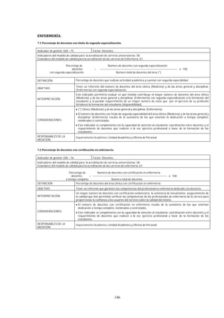 146
Indicador de gestión: GIII – 75 Factor: Docentes.
Indicadores del modelo de calidad para la acreditación de carreras universitarias: 58.
Estándares del modelo de calidad para la acreditación de las carreras de Enfermería: 67.
Porcentaje de Número de docentes con segunda especialización
docentes = ----------------------------------------------------------------------------------- x 100
con segunda especialización Número total de docentes del área (*)
DEFINICIÓN: Porcentaje de docentes que realizan actividad académica y cuentan con segunda especialidad.
OBJETIVO:
Tener un referente del número de docentes del área clínica (Medicina) y de las áreas general y disciplinar
(Enfermería) con segunda especialización.
INTERPRETACIÓN:
Este indicador permitiría evaluar en qué medida contribuye el mayor número de docentes del área clínica
(Medicina) y de las áreas general y disciplinar (Enfermería) con segunda especialización a la formación del
estudiante y el posible requerimiento de un mayor número de estos que por el ejercicio de su profesión
fortalecen la formación del estudiante (disponibilidad).
CONSIDERACIONES:
(*) Clínica (Medicina) y de las áreas general y disciplinar (Enfermería).
El número de docentes con título de segunda especialidad del área clínica (Medicina) y de las áreas general y
disciplinar (Enfermería) resulta de la sumatoria de los que ostentan la dedicación a tiempo completo,
nombrados o contratados.
Este indicador se complementa con la capacidad de atención al estudiante, coordinación entre docentes y el
requerimiento de docentes que realicen a la vez ejercicio profesional a favor de la formación de los
estudiantes.
RESPONSABLES DE LA
MEDICIÓN:
Departamento Académico, Unidad Académica y Oficina de Personal
Indicador de gestión: GIII – 76 Factor: Docentes.
Indicadores del modelo de calidad para la acreditación de carreras universitarias: 58.
Estándares del modelo de calidad para la acreditación de las carreras de enfermería: 67.
Porcentaje de Número de docentes con certificación en enfermería
docentes = ------------------------------------------------------------------------------- x 100
a tiempo completo Número total de docentes
DEFINICIÓN: Porcentaje de docentes del área clínica con certificación en enfermería.
OBJETIVO: Tener un referente que garantice las competencias del profesional en enfermería dedicado a la docencia.
INTERPRETACIÓN:
Un mayor número de docentes con certificación evidenciaría la existencia de mecanismos aseguramiento de
la calidad que han permitido verificar las competencias de los profesionales de enfermería de la carrera para
proporcionar la confianza a los usuarios del servicio sobre la calidad del mismo.
CONSIDERACIONES:
El número de docentes con certificación en enfermería resulta de la sumatoria de los que ostentan
dedicación a tiempo completo, nombrados o contratados.
Este indicador se complementa con la capacidad de atención al estudiante, coordinación entre docentes y el
requerimiento de docentes que realicen a la vez ejercicio profesional a favor de la formación de los
estudiantes.
RESPONSABLES DE LA
MEDICIÓN:
Departamento Académico, Unidad Académica y Oficina de Personal
 