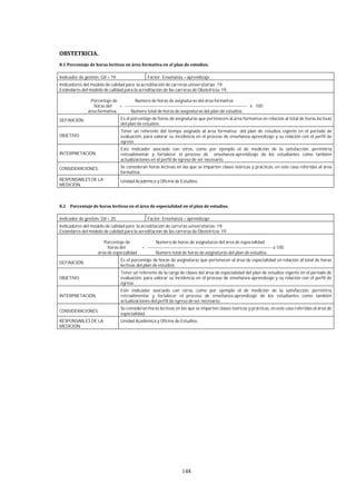 148
Indicador de gestión: GII – 19 Factor: Enseñanza – aprendizaje
Indicadores del modelo de calidad para la acreditación de carreras universitarias: 19.
Estándares del modelo de calidad para la acreditación de las carreras de Obstetricia: 19.
Porcentaje de Número de horas de asignaturas del área formativa
horas del = ---------------------------------------------------------------------------------- x 100
área formativa Número total de horas de asignaturas del plan de estudios
DEFINICIÓN: Es el porcentaje de horas de asignaturas que pertenecen al área formativa en relación al total de horas lectivas
del plan de estudios.
OBJETIVO:
Tener un referente del tiempo asignado al área formativa del plan de estudios vigente en el periodo de
evaluación, para valorar su incidencia en el proceso de enseñanza-aprendizaje y su relación con el perfil de
egreso.
INTERPRETACIÓN:
Este indicador asociado con otros, como por ejemplo el de medición de la satisfacción, permitiría
retroalimentar y fortalecer el proceso de enseñanza-aprendizaje de los estudiantes como también
actualizaciones en el perfil de egreso de ser necesario.
CONSIDERACIONES: Se consideran horas lectivas en las que se imparten clases teóricas y prácticas, en este caso referidas al área
formativa.
RESPONSABLES DE LA
MEDICIÓN:
Unidad Académica y Oficina de Estudios.
Indicador de gestión: GII – 20 Factor: Enseñanza – aprendizaje
Indicadores del modelo de calidad para la acreditación de carreras universitarias: 19.
Estándares del modelo de calidad para la acreditación de las carreras de Obstetricia: 19.
Porcentaje de Número de horas de asignaturas del área de especialidad
horas del = ----------------------------------------------------------------------------------- x 100
área de especialidad Número total de horas de asignaturas del plan de estudios
DEFINICIÓN:
Es el porcentaje de horas de asignaturas que pertenecen al área de especialidad en relación al total de horas
lectivas del plan de estudios.
OBJETIVO:
Tener un referente de la carga de clases del área de especialidad del plan de estudios vigente en el periodo de
evaluación, para valorar su incidencia en el proceso de enseñanza-aprendizaje y su relación con el perfil de
egreso.
INTERPRETACIÓN:
Este indicador asociado con otros, como por ejemplo el de medición de la satisfacción, permitiría
retroalimentar y fortalecer el proceso de enseñanza-aprendizaje de los estudiantes como también
actualizaciones del perfil de egreso de ser necesario.
CONSIDERACIONES:
Se consideran horas lectivas en las que se imparten clases teóricas y prácticas, en este caso referidas al área de
especialidad.
RESPONSABLES DE LA
MEDICIÓN:
Unidad Académica y Oficina de Estudios.
 