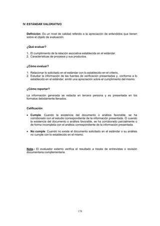 178
IV.ESTÁNDAR VALORATIVO
Definición: Es un nivel de calidad referido a la apreciación de entendidos que tienen
sobre el objeto de evaluación.
¿Qué evaluar?
1. El cumplimiento de la relación asociativa establecida en el estándar.
2. Características de procesos y sus productos.
¿Cómo evaluar?
1. Relacionar lo solicitado en el estándar con lo establecido en el criterio.
2. Estudiar la información de las fuentes de verificación presentadas y, conforme a lo
establecido en el estándar, emitir una apreciación sobre el cumplimiento del mismo.
¿Cómo reportar?
La información generada se redacta en tercera persona y es presentada en los
formatos debidamente llenados.
Calificación
Cumple: Cuando la existencia del documento o análisis favorable, se ha
corroborado con el estudio correspondiente de la información presentada. O cuando
la existencia del documento o análisis favorable, se ha corroborado parcialmente o
de forma incompleta con el análisis correspondiente de la información presentada.
No cumple: Cuando no existe el documento solicitado en el estándar o su análisis
no cumple con lo establecido en el mismo.
Nota.- El evaluador externo verifica el resultado a través de entrevistas o revisión
documentaria complementaria.
 