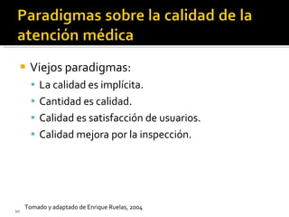 Viejos paradigmas: La calidad es implícita. Cantidad es calidad. Calidad es satisfacción de usuarios. Calidad mejora por la inspección. Tomado y adaptado de Enrique Ruelas, 2004 