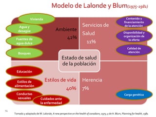 Agua y desagüe Fuentes de agua dulce Bosques Contenido y financiamiento de la atención  Disponibilidad y organización de la oferta Calidad de atención Educación Estilos de alimentación Conductas sexuales Carga genética Cuidados ante la enfermedad Vivienda Modelo de Lalonde y Blum (1975-1981) Tomado y adaptado de M. Lalonde,  A new perspective on the health of canadians , 1975; y de H. Blum,  Planning for health , 1981 