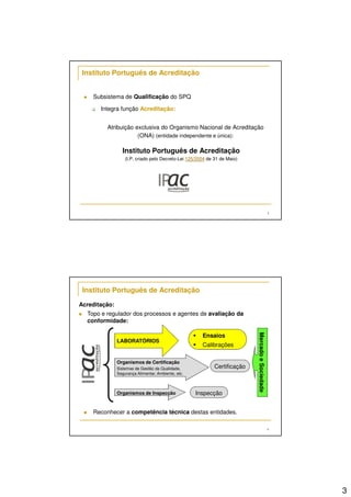 3 
5 
Instituto Português de Acreditação 
 Subsistema de Qualificação do SPQ 
 Integra função Acreditação: 
Atribuição exclusiva do Organismo Nacional de Acreditação 
(ONA) (entidade independente e única): 
Instituto Português de Acreditação 
(I.P, criado pelo Decreto-Lei 125/2004 de 31 de Maio) 
6 
Instituto Português de Acreditação 
 Ensaios 
 Calibrações 
LABORATÓRIOS 
Organismos de Certificação 
Sistemas de Gestão da Qualidade, 
Segurança Alimentar, Ambiente, etc. 
Certificação 
Organismos de Inspecção Inspecção 
 Reconhecer a competência técnica destas entidades. 
Mercado e Sociedade 
Acreditação: 
 Topo e regulador dos processos e agentes de avaliação da 
conformidade: 
 